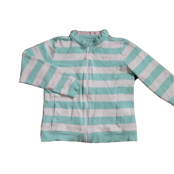 Vineyard Vines SZ L (14) Girls Full Zip  Aqua/White Stripe Youth Ruffle Neck LS - Picture 1 of 10